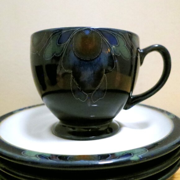 X3 Denby Baroque England Footed Tea Coffee Cups & Saucers Cobalt Blue Flower - Picture 3 of 9